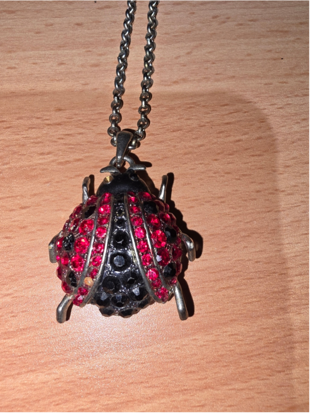 Red Black Rhinestone Ladybug Pendant Necklace 25" Gunmetal Statement
